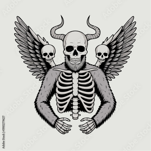 Winged Skeleton Demon Portrait with Horns and Glowing Eyes.