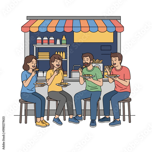 Vector illustration of four diverse friends laughing and eating together at a street food kiosk with a striped awning, sitting on stools and holding plates of food in a social setting.