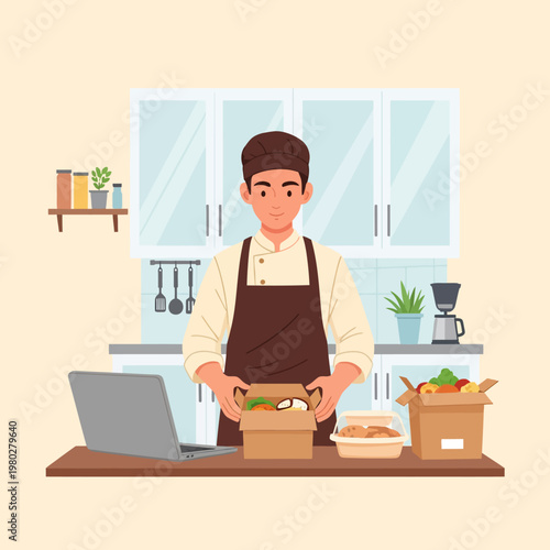 Male home-based food entrepreneur in a chef hat and brown apron packing cardboard meal boxes in a modern kitchen with a laptop for online orders and delivery service.