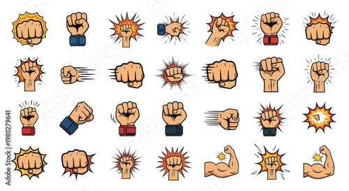 Set of cartoon fists in various punching and striking poses with impact effects