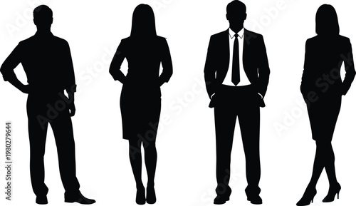 Business people silhouette set featuring professional men and women, corporate team figures vector illustration isolated on white