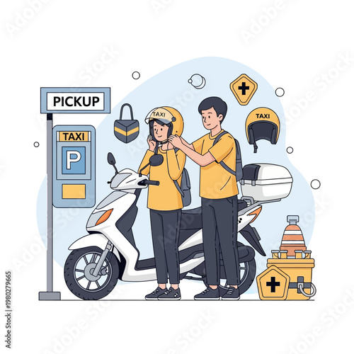 Flat line vector illustration of a motorcycle taxi rider assisting a female passenger by adjusting her yellow safety helmet at a pickup station with a white scooter and street signs.