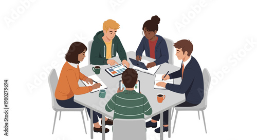 Diverse team collaborating around a modern table, discussing ideas with laptops and tablets.