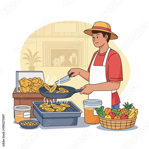 Male street food vendor wearing a red shirt, white apron, and straw hat cooking sliced fried plantains in a pan on a stove, with a basket of fresh fruit and outdoor shop setting.