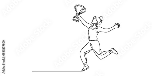 A single continuous line drawing of a happy woman holding a trophy up high in celebration mode Vector, illustration