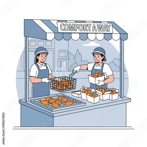 Two street food vendors in blue aprons and caps serving fried chicken drumsticks from a market stall with a striped awning and a sign saying Comfort Away, vector illustration.