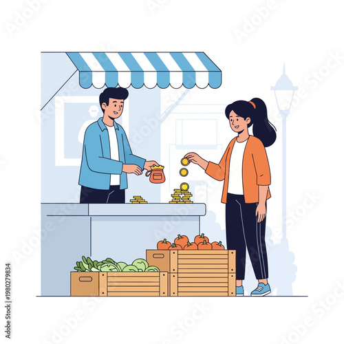 Vector illustration of a male street vendor selling fresh vegetables from a market stall with a blue striped awning while a female customer pays using gold coins for her purchase.