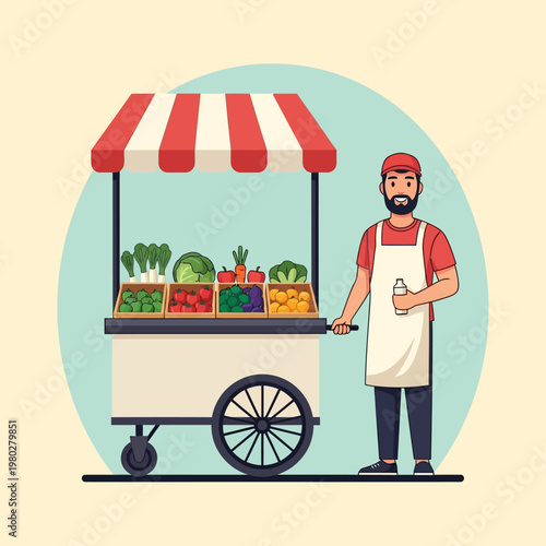 Vector illustration of a smiling male vegetable vendor with a beard wearing an apron and cap standing next to a mobile street food cart filled with fresh produce crates.