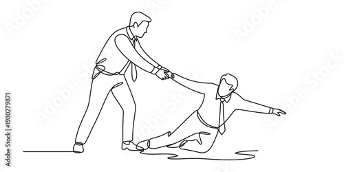 A continuous line drawing depicting a businessman helping another colleague who has fallen down Vector, illustration