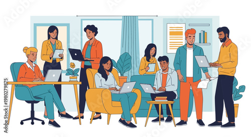 Diverse team collaborating in modern office, using laptops and tablets