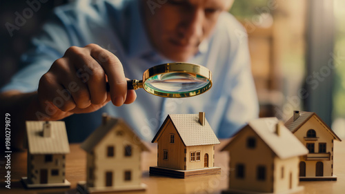 Real estate agent with house model and magnifying glass, who provides property searches, home inspections, property valuations, home buying guidance, and residential real estate services.