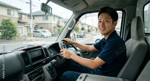 トラックを運転する笑顔の配送ドライバー の男性