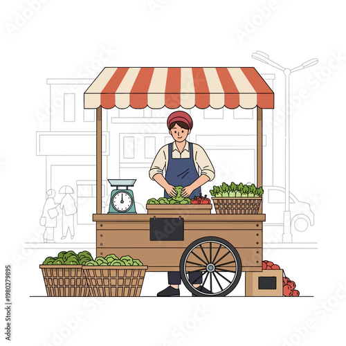 Vector illustration of a male street vendor in an apron selling fresh vegetables from a wooden cart with a striped awning, featuring a weighing scale, produce baskets, and city background.