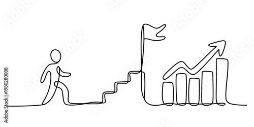 A single continuous line drawing of a person walking up stairs toward a goal and growth graph Vector, illustration