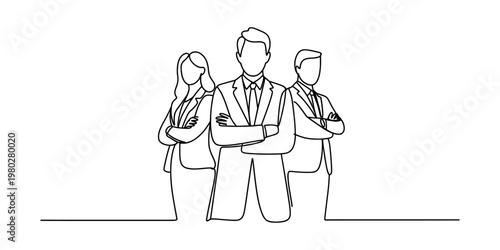 A single continuous line drawing of three business professionals standing together with confidence Vector, illustration