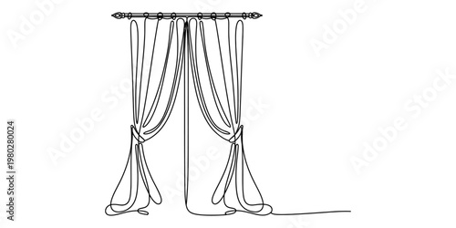 A minimalist single line drawing of two elegant curtains hanging from a rod on a plain background Vector, illustration
