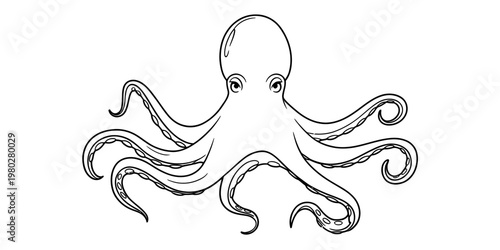 A simple black and white line art illustration of an octopus for children to color at home. Vector, illustration