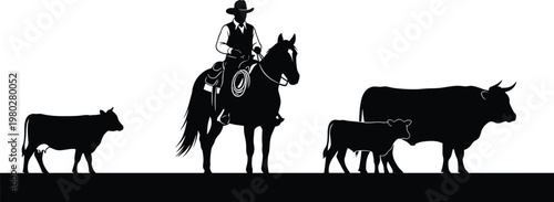 Cowboy riding horse with cattle silhouettes, western ranch scene with farmer and livestock, detailed vector illustration isolated on white background
