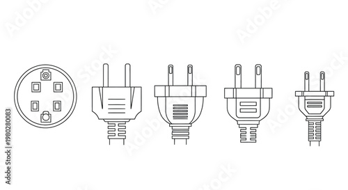 A linear illustration depicting various electrical plug and socket types from around the world