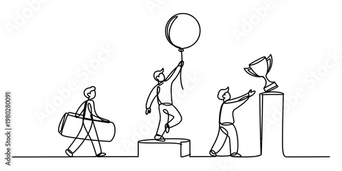 A single continuous line drawing of three people achieving success and holding various objects now Vector, illustration