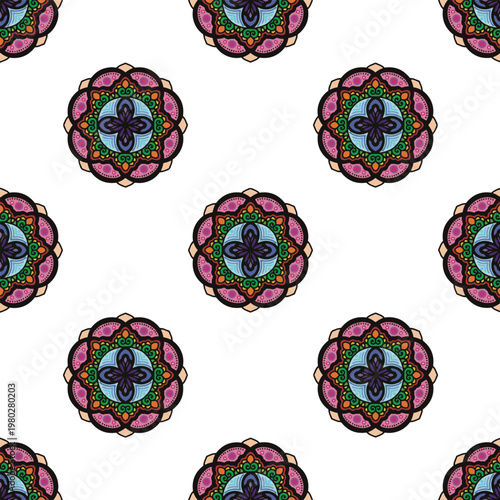 Seamless mandala vector pattern with decorative and symmetrical textile texture.
Fully editable and scalable vector design suitable for fashion fabric, clothing, sweaters, scarves, blankets, home deco