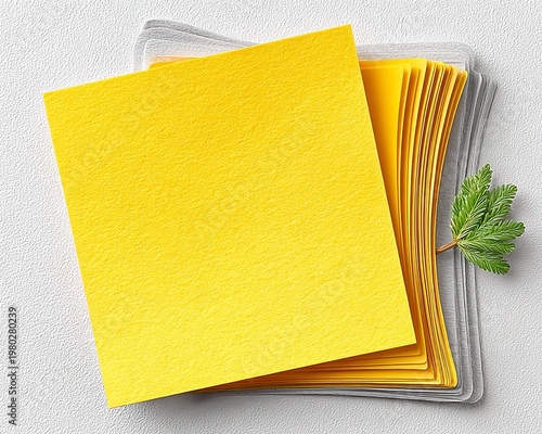Vibrant yellow notepad on textured grey surface with green fir leaf accent, highlighting creative stationery arrangement for office decor or organization inspiration