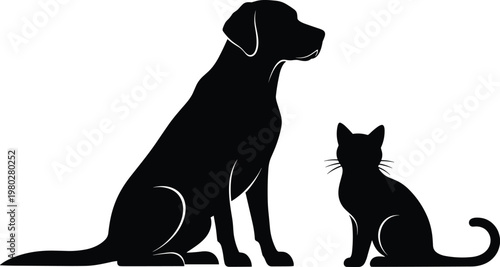 Dog and cat silhouette illustration featuring domestic pets sitting together isolated black vector design for animal companionship and pet care concept
