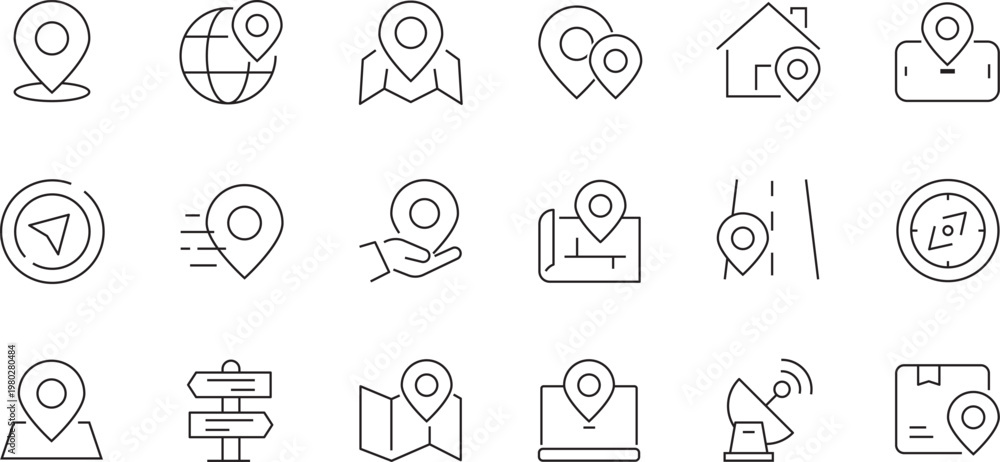 Fototapeta premium Map pin and location line icon set. Navigation, GPS pointer, and address tracking vector icons.