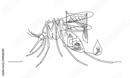 A continuous line drawing depicts a mosquito spray bottle and droplet representing insect borne disease