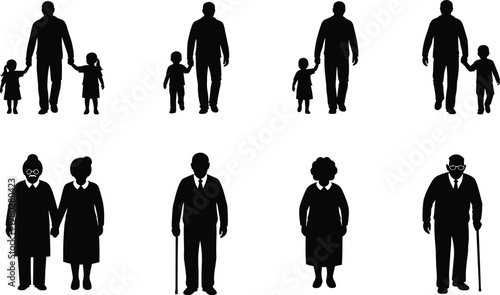 Family silhouettes with parents, children and elderly people, detailed human life stages vector illustration isolated on white background for design