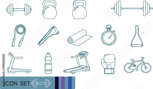 Print Fitness Gym Equipment and Workout Line Icon Set