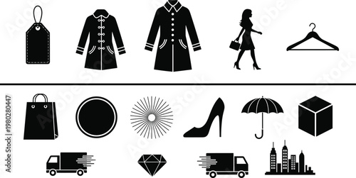 Fashion retail icons set with clothing silhouettes, shopping elements, delivery trucks, accessories and city skyline vector illustration collection