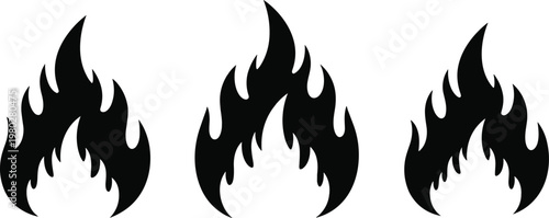 Fire flame silhouettes set, abstract burning icons vector illustration isolated on white background for design and safety concepts