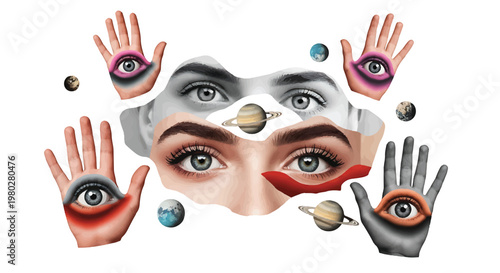 Eyes and hands with eyeballs on palms.