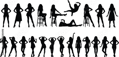 Female silhouette set featuring fashion poses, dancing women, stylish models and glamour lifestyle vector illustration collection isolated on white