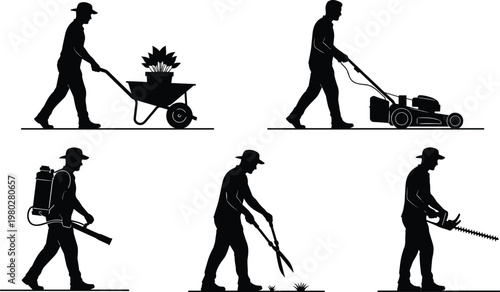 Gardener silhouettes collection featuring lawn mowing trimming spraying and wheelbarrow work isolated black vector illustration set for landscaping and gardening design