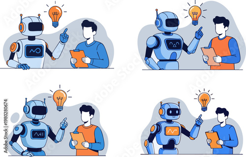 An artificial intelligence robot shares new creative ideas with a human partner in a modern vector graphic.