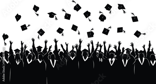 Graduation celebration silhouette with students throwing caps in the air isolated black vector illustration for education success ceremony concept design