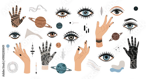 Eyes and hands with celestial designs.