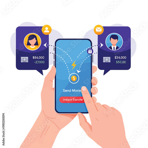 Hands holding smartphone with money transfer.