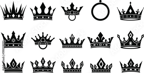 Luxury royal crown and ring silhouette collection featuring king queen ornate crowns isolated black vector icons set for premium design use