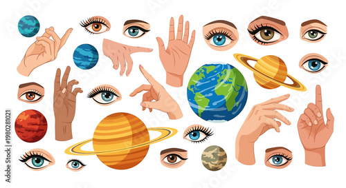 Hands Pointing at Planets and Eyes.