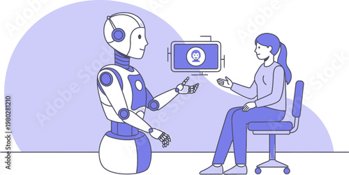 Conceptual illustration of an AI robot providing information to a human, symbolizing advanced technology, future communication, and seamless digital assistance