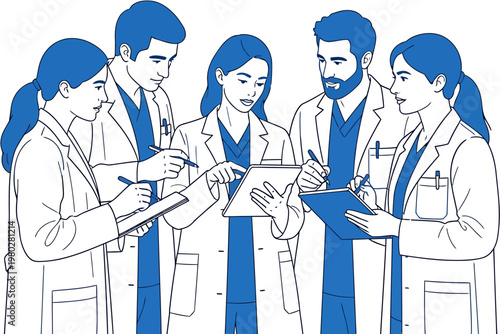 Five medical professionals in lab coats gathered around a tablet, collaborating on a medical case, discussing research, and documenting findings in a clinical setting
