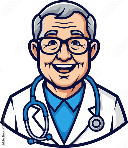 Friendly elderly doctor wearing a stethoscope and glasses, illustration of a healthcare professional