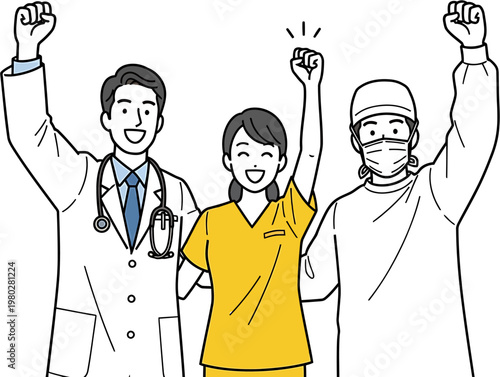 Smiling healthcare professionals, a doctor, nurse, and surgical assistant, celebrate success and unity with raised fists, embodying a dedicated and triumphant medical team