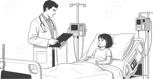 Doctor Consulting With Young Patient In Hospital Bed With Medical Equipment