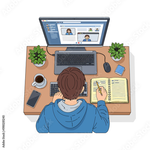 Man Working on Computer at Desk.