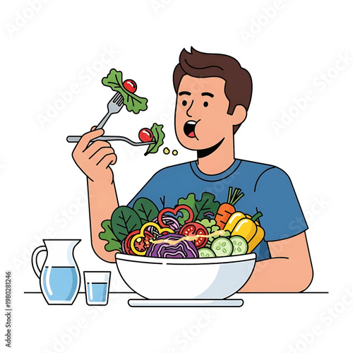 Man eating healthy salad with fork.