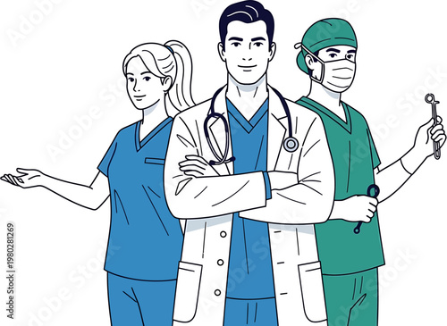 Medical Professionals, Doctors, Nurses, and Healthcare Workers Posing Confidently in a Group Illustration